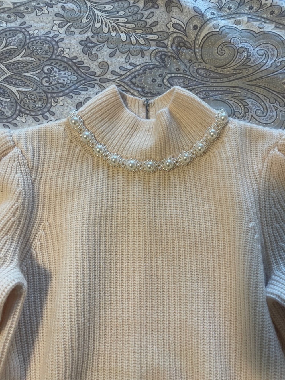 Sandro Cream Knit Turtleneck Sweater with Jeweled Collar - Picture 4 of 9
